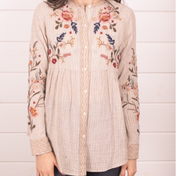 Johnny Was Tops - Johnny Was Workshop M Mandisa Mandarin Floral Embroidered Button Down Blouse med
